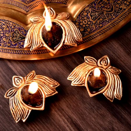 3 Pieces Brass Lotus Flower Oil Diya Lamp Festival Decoration